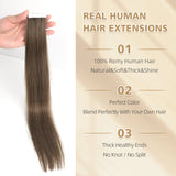 Vlasy Seamless Invisible Mini Tape In Hair Extension Human Hair 16Pcs Medium Ash Brown(10A#)