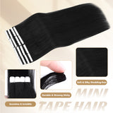 Vlasy Seamless Invisible Mini Tape In Hair Extension Human Hair 16Pcs Black(1#)