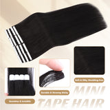 Vlasy Seamless Invisible Mini Tape In Hair Extension Human Hair 16Pcs Black Brown (1B#)