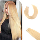 Vlasy Seamless Invisible Mini Tape In Hair Extension Human Hair 16Pcs Light Golden Blonde(613#)