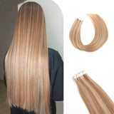 Vlasy Seamless Invisible Mini Tape In Hair Extension Human Hair 16Pcs Golden Brown + Golden Copper(P14/24K#)
