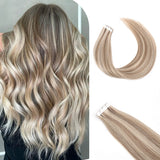 Vlasy Seamless Invisible Mini Tape In Hair Extension Human Hair 16Pcs Light Copper+Blonde(P16/60#)