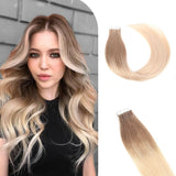 Vlasy Seamless Invisible Mini Tape In Hair Extension Human Hair 16Pcs Balayage Brown to Blonde(T18/60+T18/60#)