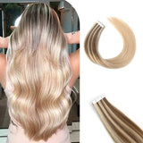 Vlasy Seamless Invisible Mini Tape In Hair Extension Human Hair 16Pcs Brown And Strawberry Blonde To Blonde(T8/24+60#)